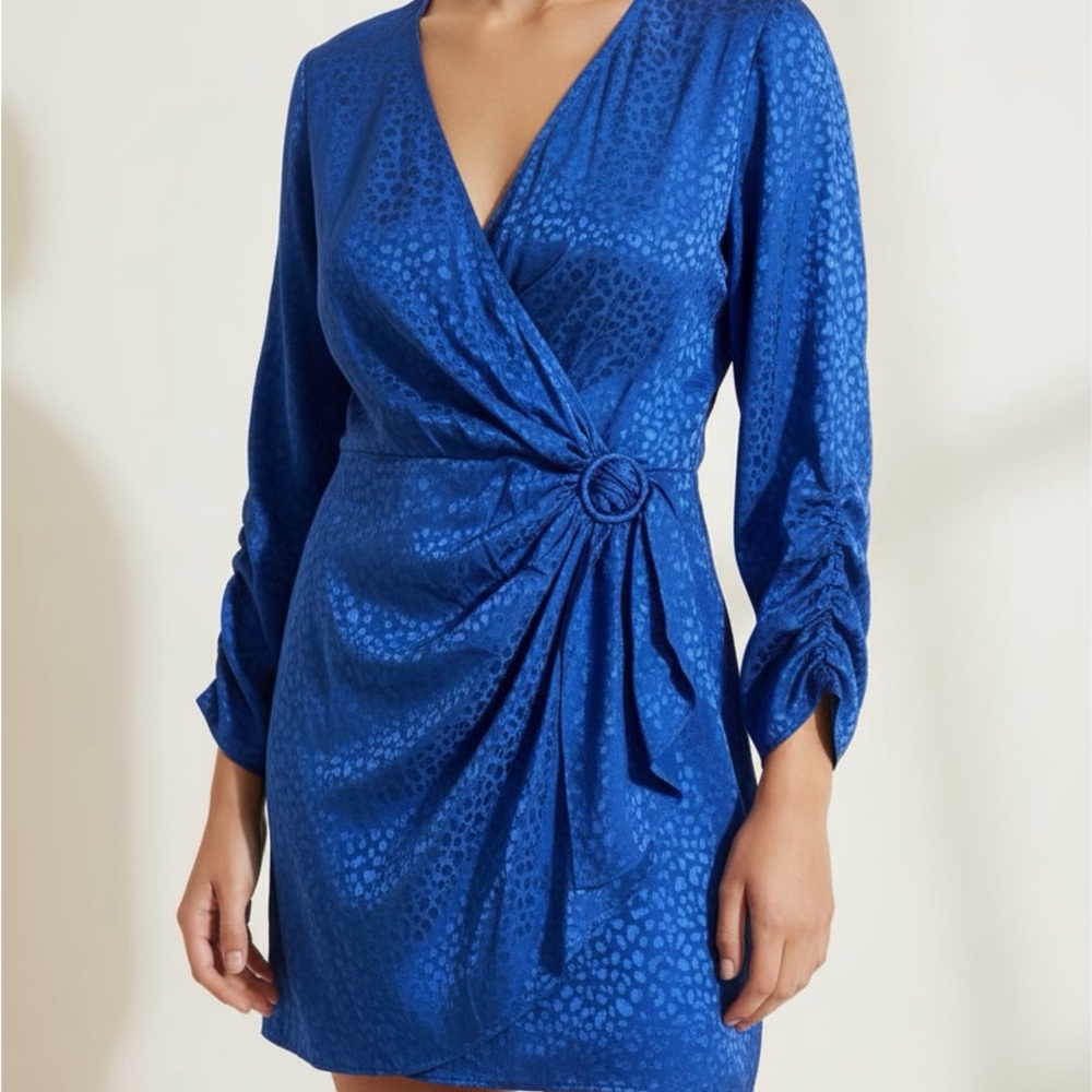 Parker Royal Blue Long-Sleeve‎ Wrap Mini Dress with Ring Detail